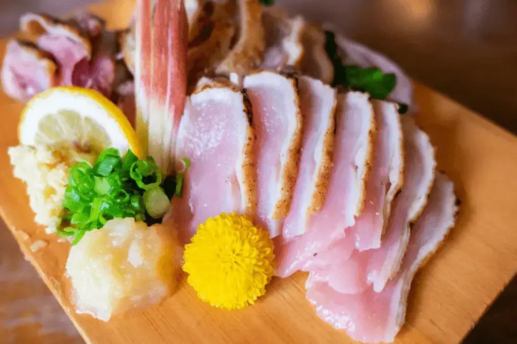 A plate of raw Japanese chicken.